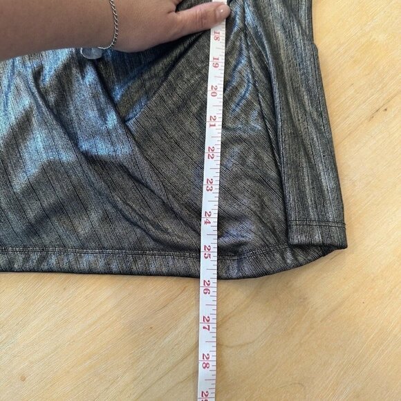 Chetta B Metallic Gold Black Stretch Long Sleeve Front Faux Wrap Top Blouse 12 - Picture 11 of 11